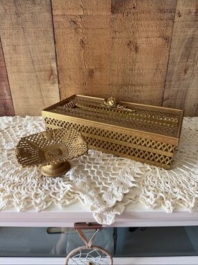 VTG MCM gold-tone Hollywood regency filigree tissue box & pedestal trinket dish